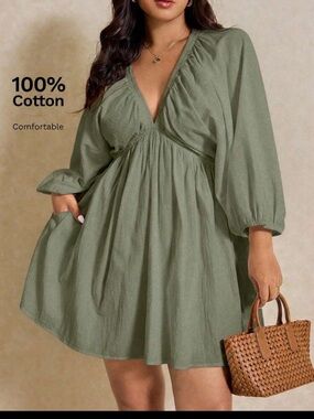 NEW Women's Olive Green Cotton V-Neck Babydoll Dress 16/2X